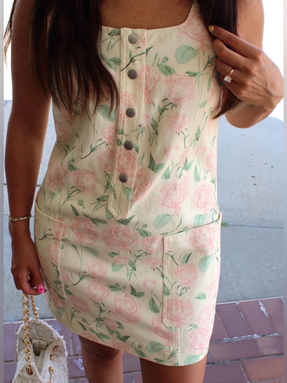 Floral Button-Front Cream & Pink Dress